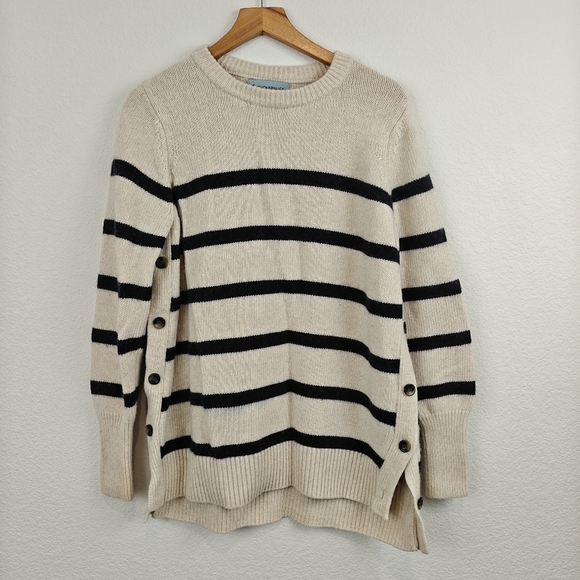 Tuckernuck Tan Stripe Bar Harbor Cotton Knit Crew Neck Pullover Sweater S *Stain - Picture 1 of 11